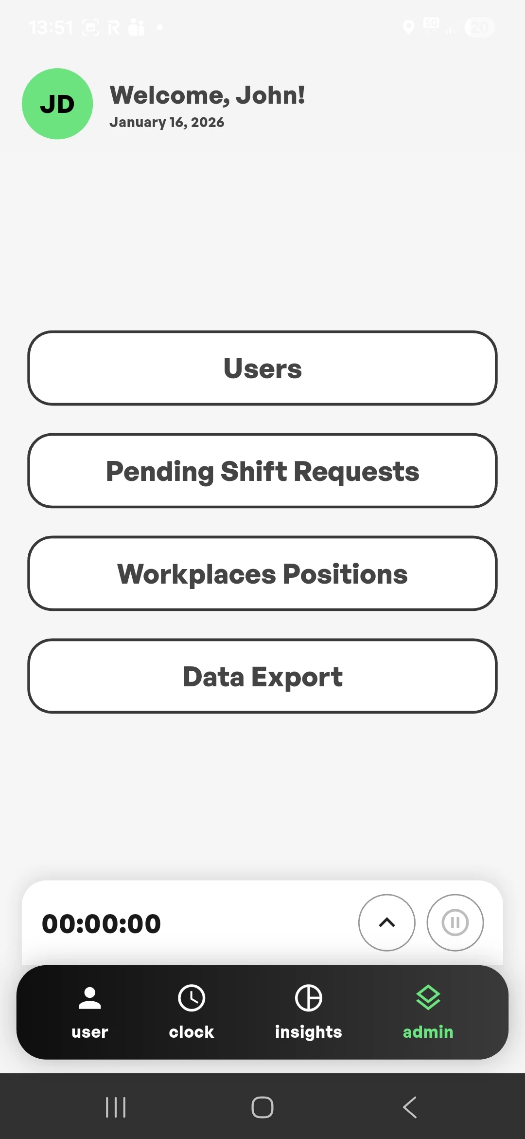 Panel admina LightClock: Users, Pending Shift Requests, Workplaces i Data Export