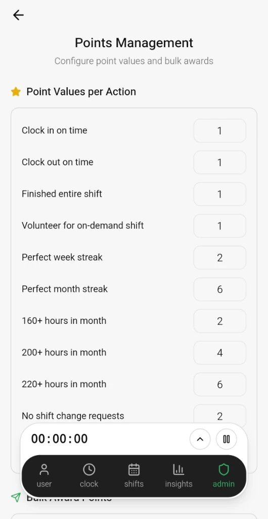Points Management — configure point values per action