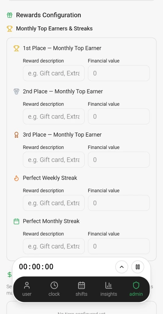 Rewards Configuration — monthly top earners and streak rewards
